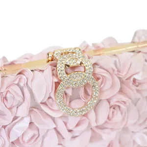 Stunning pink rose satin evening clutch bag with rhinestone double ring clasp for weddings.