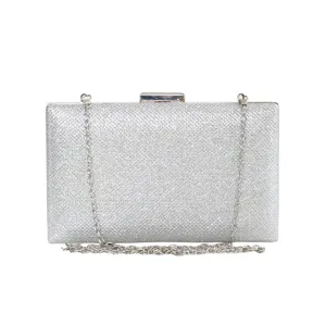 Silver glitter clutch bag for women evening party wedding prom metal chain shoulder bag