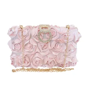Elegant pink 3d rose flower evening clutch bag with sparkling rhinestone clasp and gold chain.