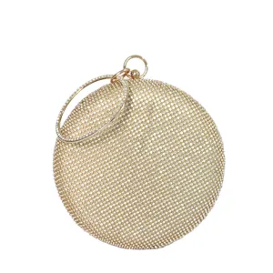 Luxury Round Rhinestone Evening Bag Shiny Sequin Clutch Purse Gold Silver Metallic Ring Handle Handbag For Wedding Party Women
