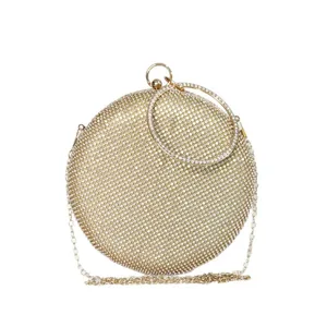 Gold Rhinestone Round Evening Clutch Bag with Metal Ring Handle and Chain Strap Main View
