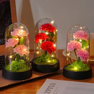 Artificial carnation flower glass dome LED night light desktop decoration gift