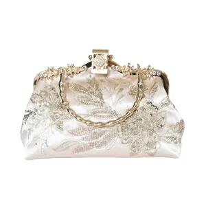 Vintage Floral Embroidery Evening Clutch Bag For Women Rhinestone Chain Handbag Retro Banquet Party Cheongsam Shoulder Bag