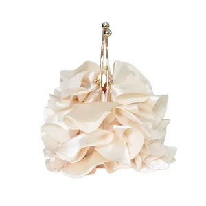Elegant beige satin evening clutch bag with ruffled fabric petal design for women