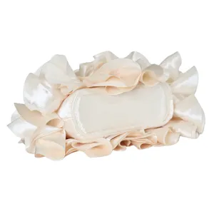 Elegant ivory satin evening bag with decorative layered fabric petal ruffles for women