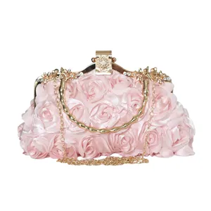 Elegante rosa 3D-Blumen-Abendtasche mit Bambusgriff und abnehmbarer goldener Kette.