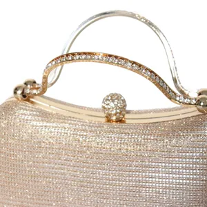 Elegante borsa da sera scintillante color oro champagne con manico decorato con cristalli