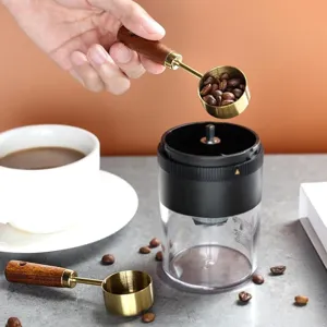 Detailed view of gold-plated coffee measuring spoon with wooden handle and beans