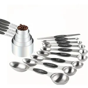 Edler Edelstahl Messbecher und Löffel Set mit Silikongriffen und Abstreicher zum Backen.