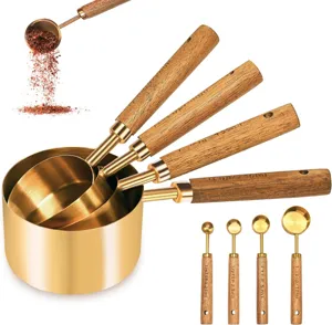 Ensemble professionnel de tasses et cuillères à mesurer en acier inoxydable or rose et bois