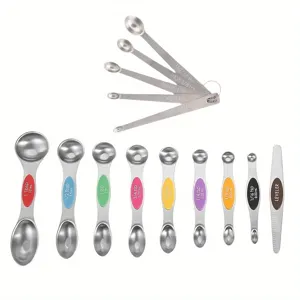 Edelstahl Messlöffel Set mit Silikongriffen und Mini Löffeln zum präzisen Backen in der Küche.