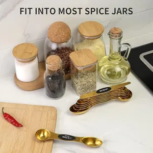 Detailed view of gold double-ended measuring spoons set with spice jars in kitchen scene.