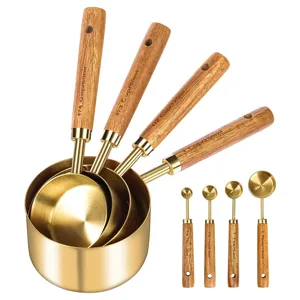 Ensemble de tasses et cuillères à mesurer en acier inoxydable avec manches en bois