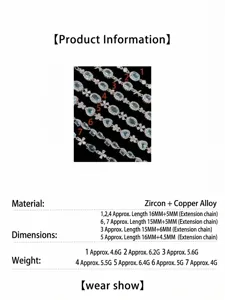 Spécifications de sept bracelets en zircon bleu avec détails sur les matériaux et dimensions