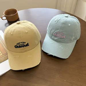 Vintage versleten gebogen rand geborduurde honkbalpet voor dames, casual zonnehoed.