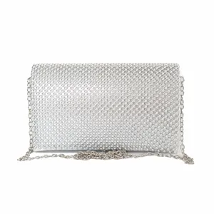 Elegant silver aluminum bead evening clutch bag with detachable metal chain strap for women