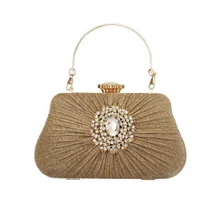 Luxury Rhinestone Pleated Evening Clutch Bag For Women Vintage Floral Banquet Wedding Handbag With Metal Round Handle