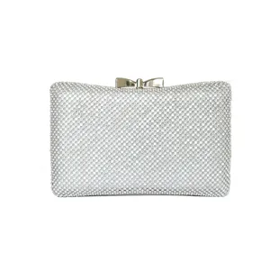 Luxury Women Evening Clutch Bag Rhinestone Bow-Knot Clasp Aluminum Mesh Banquet Wedding Party Handbag With Chain