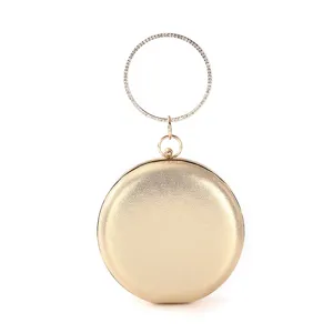 Bolso de Noche Circular de Cuero PU para Mujer Lujo Hecho a Mano con Asa de Anillo de Diamantes de Imitación para Banquetes y Bodas