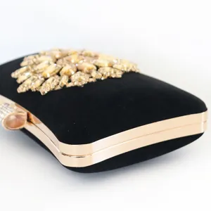 Elegant black suede evening clutch with handmade sparkling rhinestone sunflower pattern