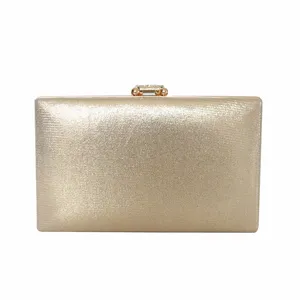Elegant champagne glitter evening clutch bag with gold rhinestone metal clasp for women