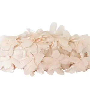 Champagne floral evening clutch bag featuring elegant 3D fabric petal details and satin