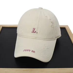 Distressed beige baseball cap with letter embroidery, stylish casual streetwear sun hat for daily.