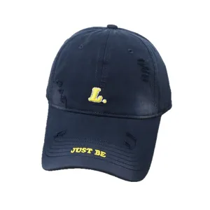 Unisex distressed navy baseball cap with yellow L embroidery and casual streetwear style.
