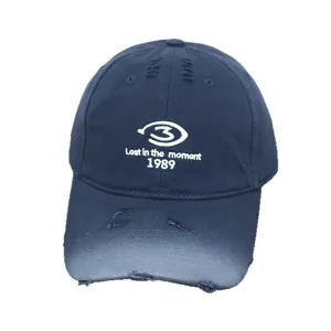 Vintage distressed navy blue baseball cap with embroidery design for sun protection 1989 logo