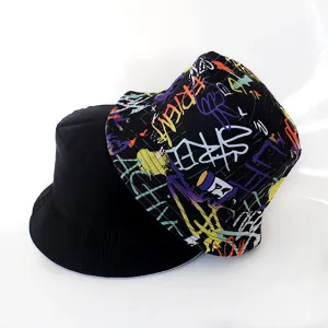 Reversible graffiti bucket hat for men and women, stylish streetwear colorful sun hat casual