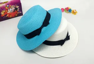 Summer women straw hat flat top boater hat with black ribbon bow beach sun protection hat