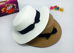 Summer women straw hat flat top ribbon bow beach sun hat casual stylish sun protection hat
