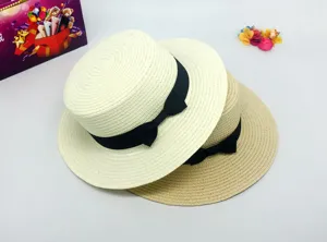 Summer women flat top straw hat with black ribbon bow elegant beach sun hat casual style