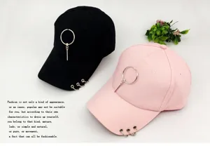 Punk style metal ring baseball cap for women and men, hip hop curved brim sun hat black pink