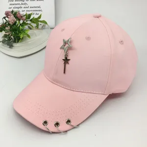 Stylish pink baseball cap for women with star pendants and metal rings hip-hop style