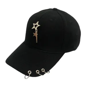 Stylish black Korean baseball cap featuring silver star pendant and metal rings on the brim