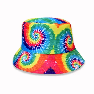 Vibrant rainbow tie dye bucket hat for women and men, stylish sun protection cap.