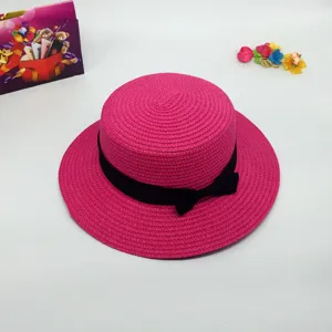 Women summer pink straw hat with black bow flat top sun protection beach hat fashion style chic