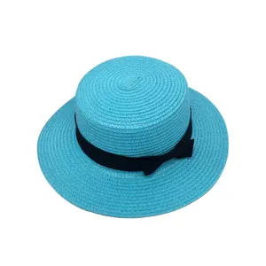 Summer blue straw boater hat with black bow ribbon for women beach sun protection.