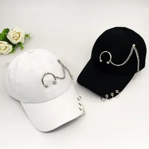 Punk Style Cotton Baseball Cap With Metal Rings And Chains Personalized Women Adjustable Curved Brim Sun Hat Streetwear