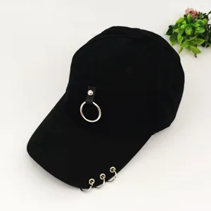 Black baseball cap with metal rings punk style streetwear curved brim hat adjustable sun visor cool