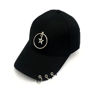 Black baseball cap with metal rings and star pendant, punk hip hop style hat for women.