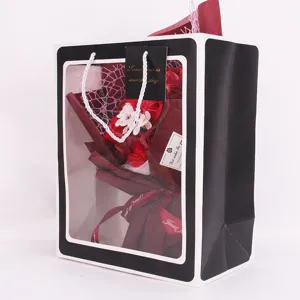 Artificial soap flower bouquet in transparent gift bag for Valentine Teacher Gift box