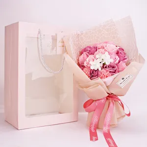 Pink rose soap flower bouquet gift set with elegant matching gift bag for special occasions