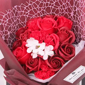 Handmade soap rose bouquet detail, romantic red floral gift for Valentine and Teachers Day.