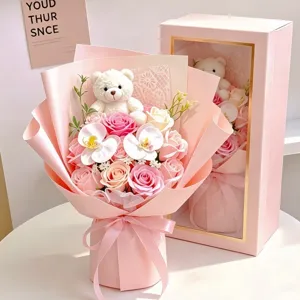 Künstliche Rose Seifenblume Strauß Mit Plüschbär Geschenkbox Für Frauen Valentin Geburtstag Lehrertag Geschenk
