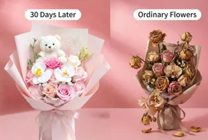 Vergleich von Seifenblumenstrauß mit Teddybär und gewöhnlichen Blumen nach 30 Tagen