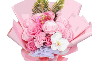 Beautiful artificial soap flower bouquet with pink roses and carnations for gifts.