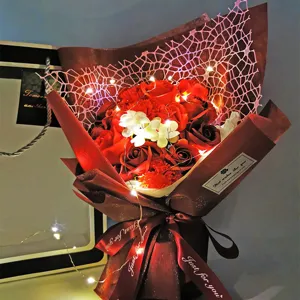 Handmade soap rose carnation bouquet with LED fairy lights, perfect romantic gift for Valentine Day.