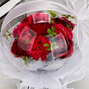 Gros plan de roses de savon rouges et d'œillets dans une boule Bobo en acrylique clair